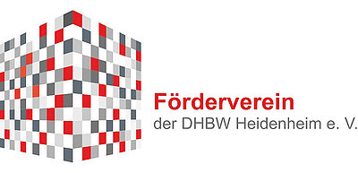 Würfel-Logo mit Schriftzug "Förderverein" in rot und "der DHBW Heidenheim e.V." in grau
