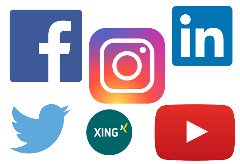 Instagram, Facebook, Youtube, Twitter, Linkedin und Xing