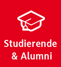 rotes Symbol mit Alumni-Hut und Schriftzug Studierende und Alumni