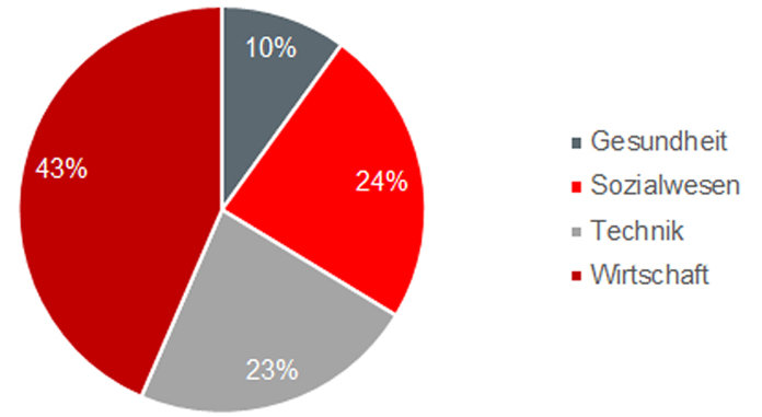 Mit 43% ist der Bereich Wirtschaft der größte Studienbereich an der DHBW Heidenheim. Danach folgen Sozialwesen (24%), Technik (23%) und Gesundheit (10%)