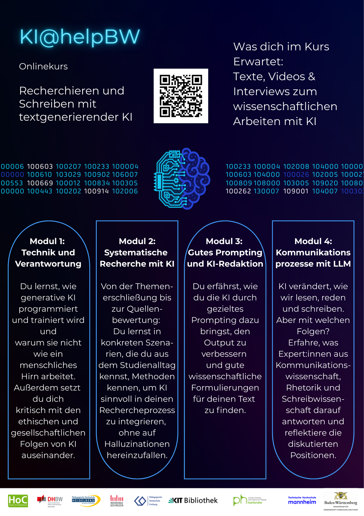 Poster zum Onlinekurs "Recherchieren und Schreiben mit textgenerierender KI" aus dem Projekt KI@helpBW